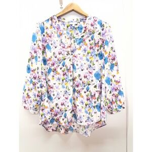Alex & Lili Womens Large Floral V-Neck Blouse 3/4 Sleeve Watercolor Top